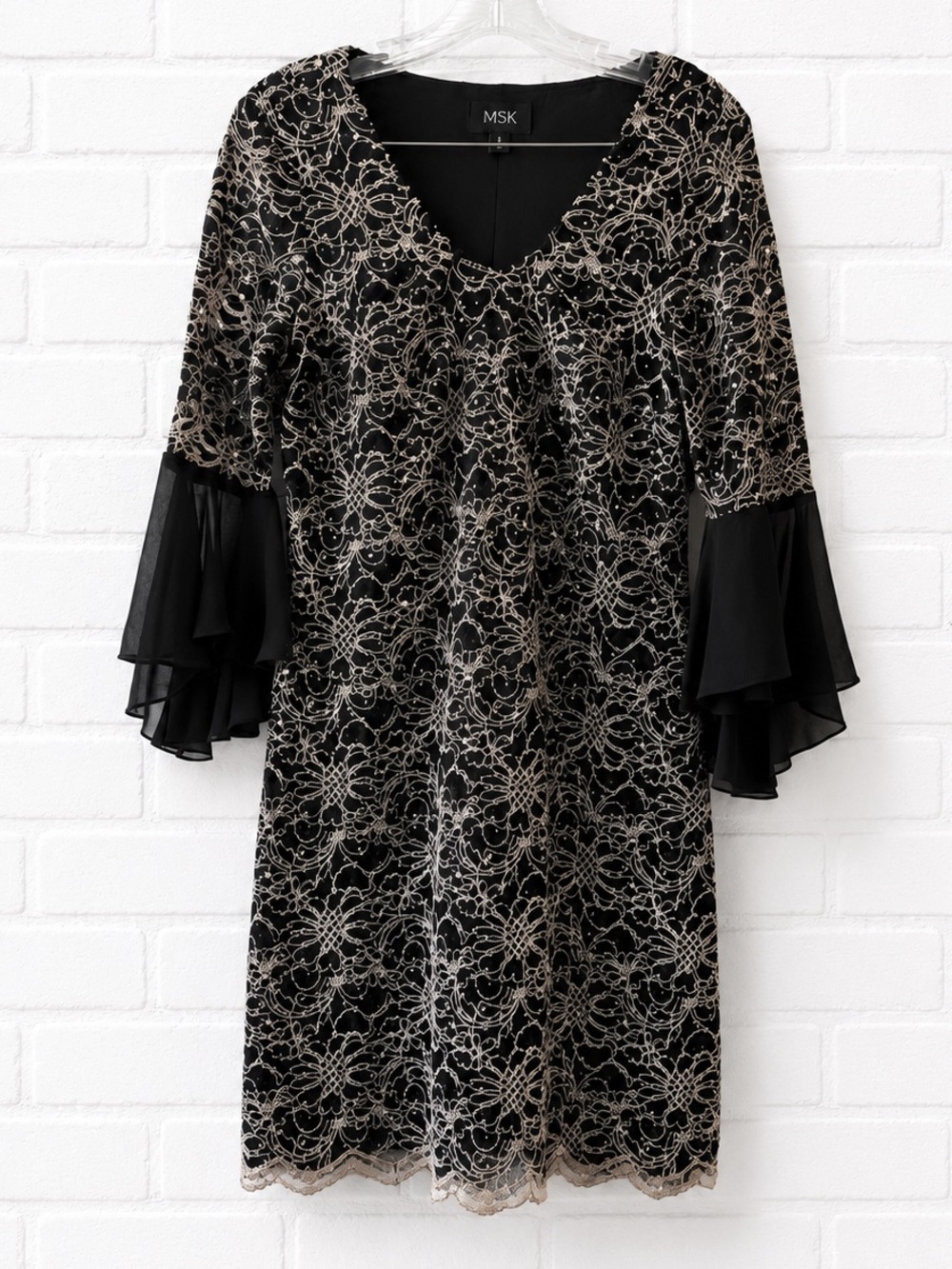 Connected Apparel Black Sequin Lace Bell Sleeve Cocktail Party Dress Size 8